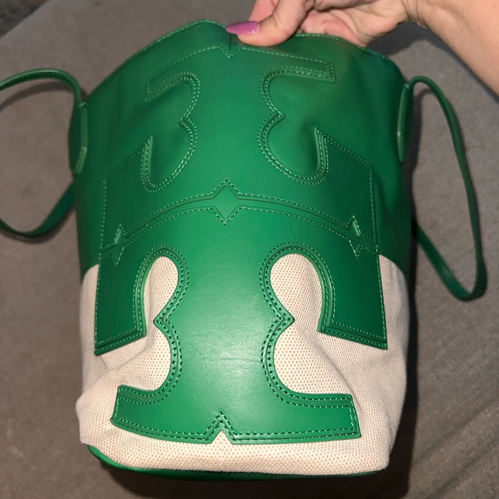 Green leather and canvas tote